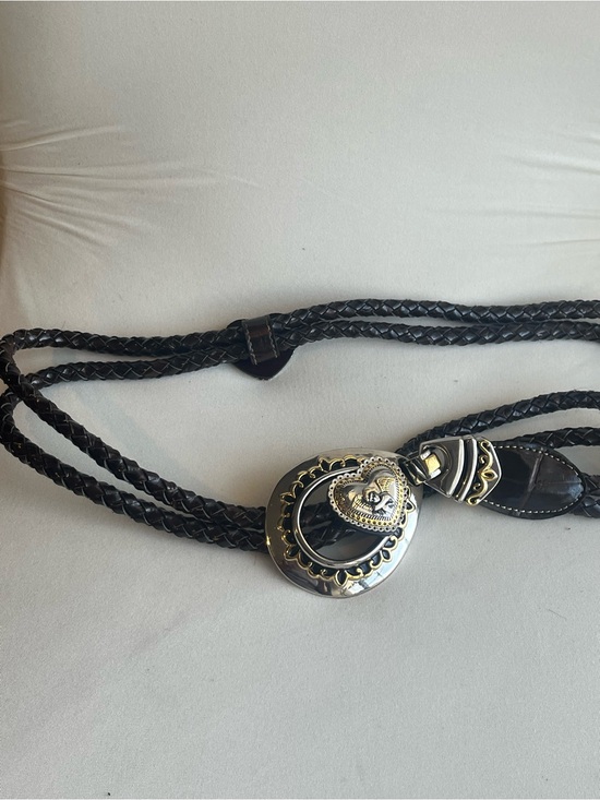 Women\'s Braided Black Leather Belt with Ornate Silver-Gold Heart Buckle wester main image 6